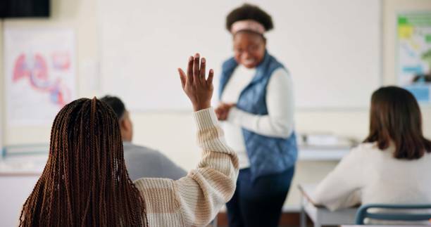 istock Hand, question and student in college, education and preparing for exam with teacher, learning and classroom. Answer, person and arm up for feedback of professor, knowledge or listening in university 2166845661