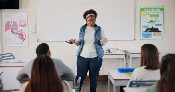 istock Classroom, teacher and lesson in high school, biology and knowledge for learning or development. Female person, education and presentation for assignment, science project and oral exam with students 2166845672