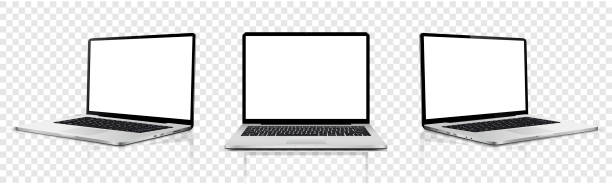 istock Laptop blank screen mockup. Realistic laptop in different positions isolated on transparent background. 2166845933