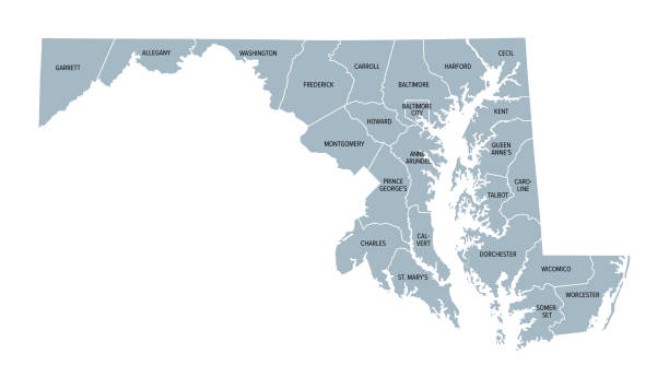 Maryland, U.S. state, 23 counties and 1 independent city, gray political map Maryland, U.S. state, gray political map with borders and county names. State in the Mid-Atlantic region of the USA, subdivided into 23 counties and the independent City of Baltimore. Old Line State maryland state colors stock illustrations