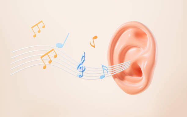 istock Human ear and notes, listen to music, 3d rendering. 2166849180
