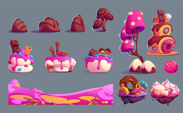 Elements for dream candy land scenery creation. Game level ui design assets for dream candy land scenery creation. Cartoon vector set of sweet dessert elements - ground platform, jump islands, house and plants made from cake, ice cream, chocolate. marshmallow chocolate stock illustrations