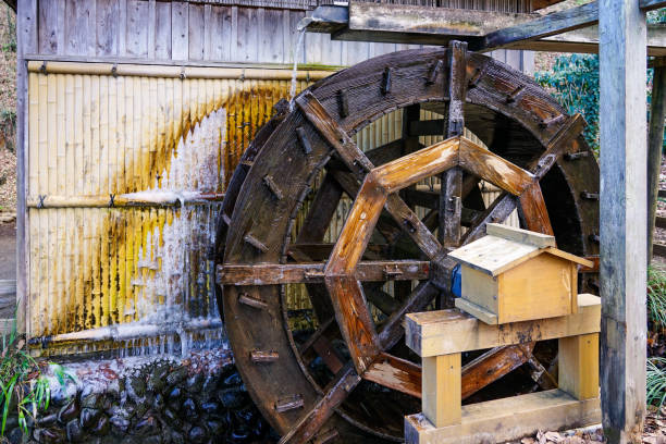 Watermill at Yakushiike Park in Machida, Tokyo on a sunny day in January 2023