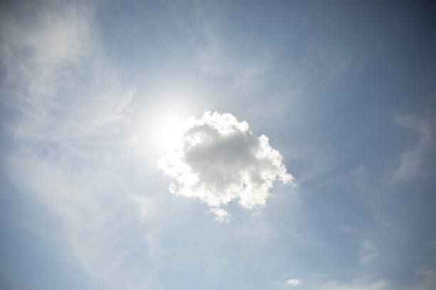 .A cloud covers the sun. A small cloud in the sky. The sun shines through the cloud. Weather details.