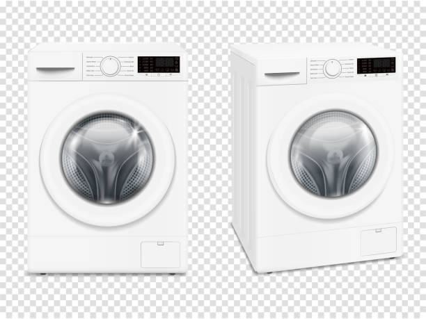 Realistic washing machine mockup isolated on transparent background. Vector illustration.