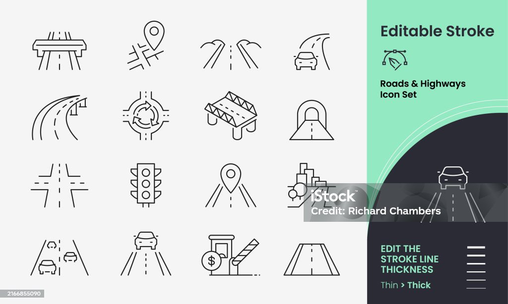 Roads and Highways vector icon set containing 16 editable stroke icons. - Royalty-free Símbolo de ícone arte vetorial Roads and Highways vector icon set containing 16 editable stroke icons. - Royalty-free Símbolo de ícone arte vetorial