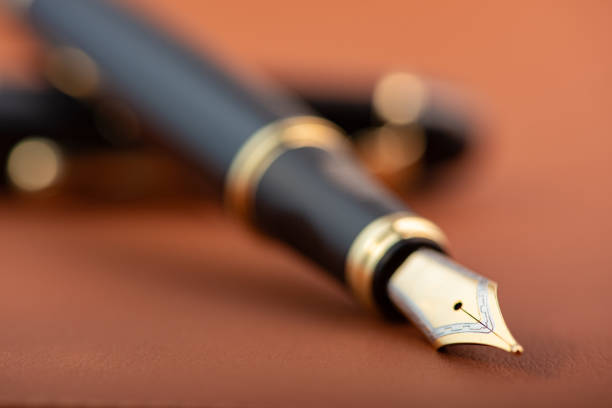 Fountain pen, beautiful fountain pen positioned on leather surface, selective focus.