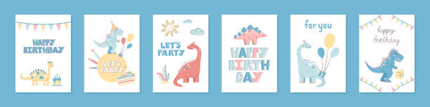 Collection of 6 cute dinosaur cards. Happy Birthday cards and greetings. Hand drawn in pastel colors. Vector illustration Collection of 6 cute dinosaur cards. Happy Birthday cards and greetings. Hand drawn in pastel colors. Vector illustration. dinosaur birthday stock illustrations