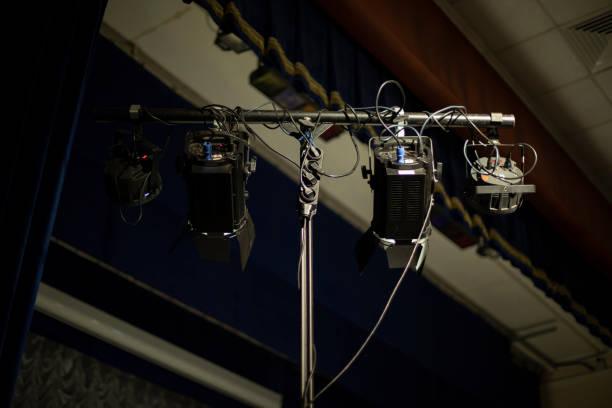 Stage multicolored lighting is hang under the roof