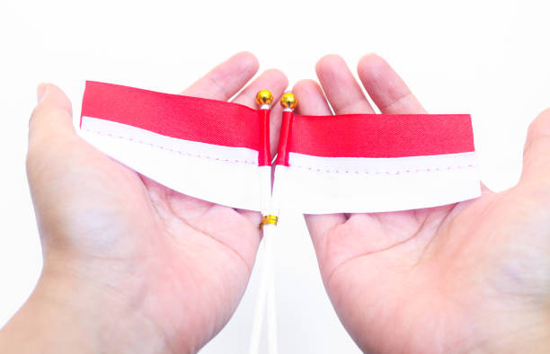 Hand holding two Indonesian flags on white pole isolated on white background. Indonesian independence accessories. The mini flag flutters in the hand