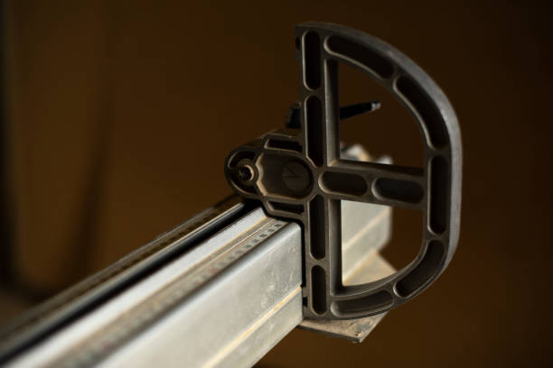 istock Rail guide on the machine. Ruler on the machine. Technical equipment for sawing materials. 2166863221