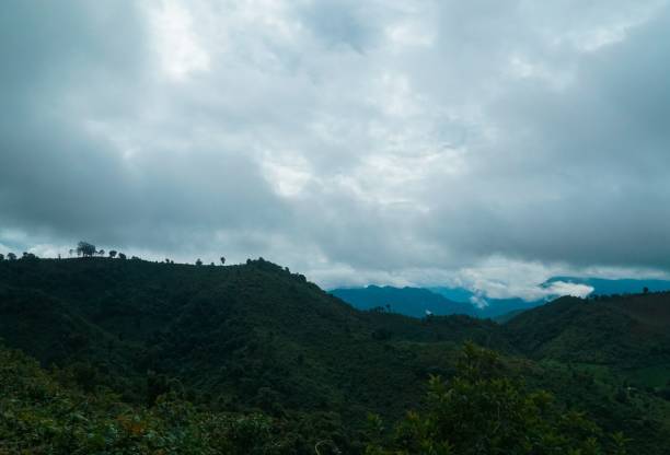 The sky is cloudy and the mountains are covered in trees