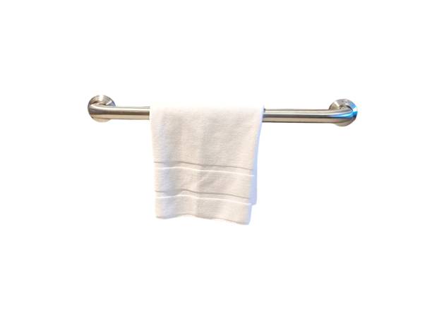 istock White clean towel hanging on stainless towel hanger isolated on white background with copy space. Hygiene and bathing concept. Luxury bathroom item 2166867949