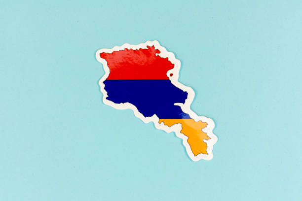 Armenia Flag Sticker in Country Shape on Blue Background