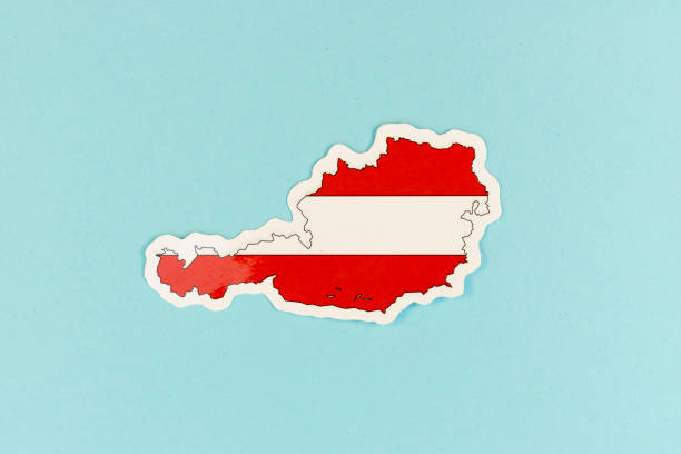 Austria Flag Sticker in Country Shape on Blue Background