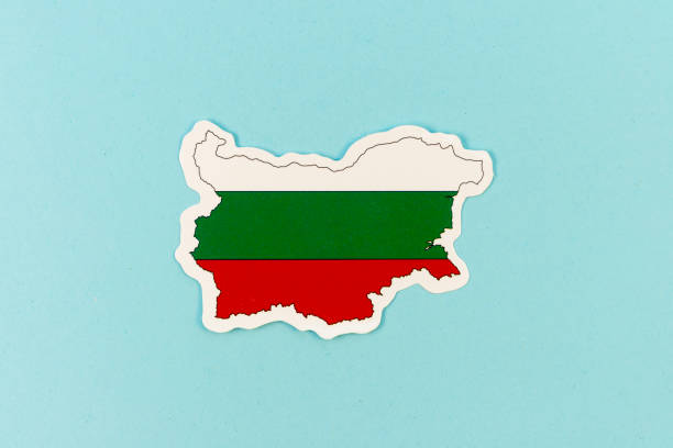 Map of Bulgaria with National Flag on Light Blue Background