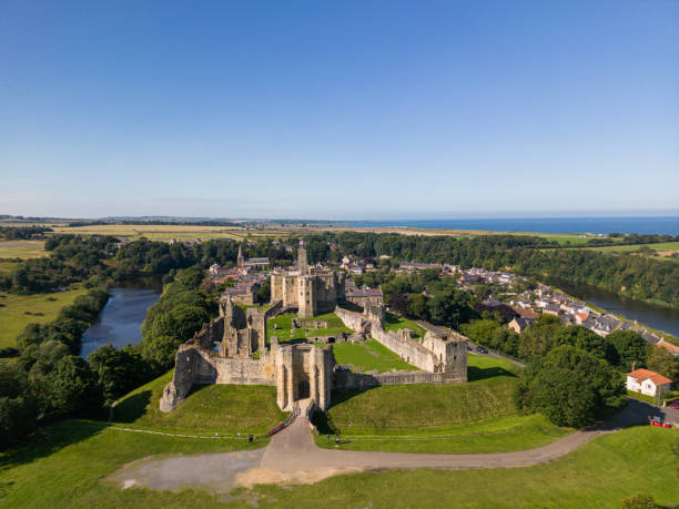 Warkworth Castle in Northumberland, shot from above using drone