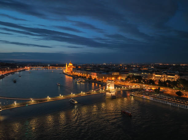 istock Budapest Hungary aerial view sunset night Szechenyi Chain Bridge 2166880159