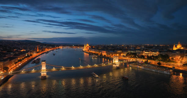 istock Budapest Hungary aerial view sunset night Szechenyi Chain Bridge 2166880381