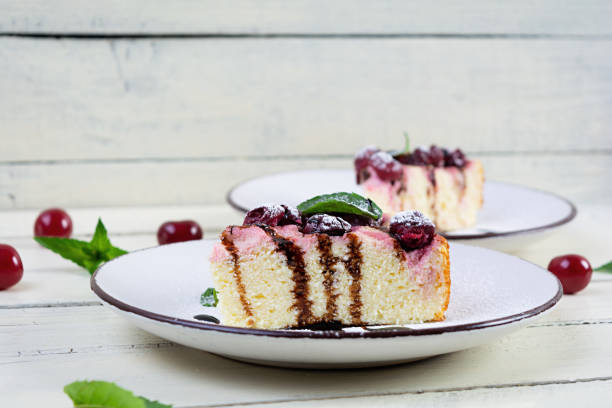 Cottage cheese casserole with cherry and mint. Cheesecake with cherry