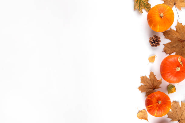 istock Autumn leaves and pumpkins flat lay on white background 2166884789