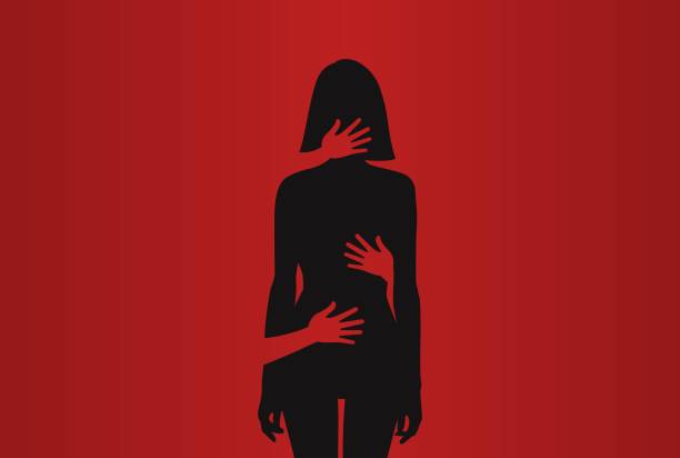 Silhouette of woman, harassment vector illustration. hands of man touching women 15 Silhouette of woman, harassment vector illustration. hands of man touching women. Violence against women, Workplace bullying concept. flat concept, text, blue, white, victim, sexual, rape hopelessness stock illustrations