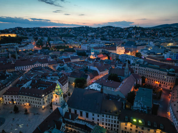 istock Bratislava Slovakia aerial view sunset night 2166887698