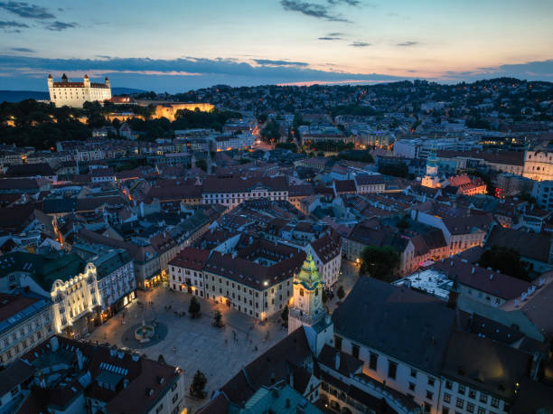 Bratislava Slovakia aerial view sunset night