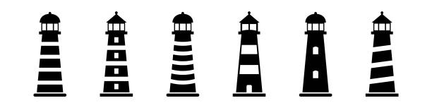 stockillustraties, clipart, cartoons en iconen met lighthouse icon. light house vector set. shore light beacon. isolated lighthouse silhouette. - vuurtoren