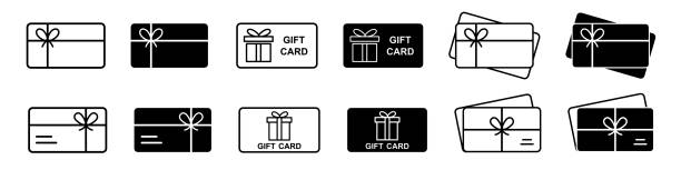 gift card icon. present bonus card vector set. loyalty program isolated sign. - hediye kartı stock illustrations