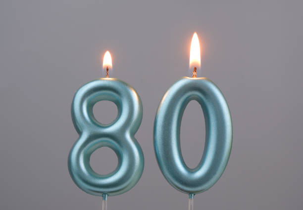 istock Blue birthday candles on gray background, number 80 2166889308