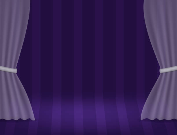 istock Halloween room with purple striped wall and transparent curtain vector background for design 2166889847