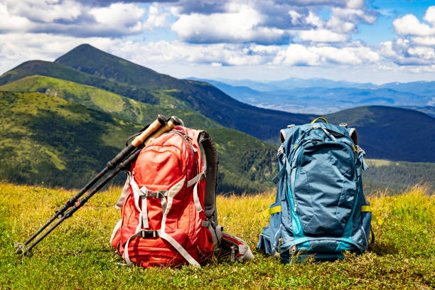 istock Hiking in the mountains with a backpack and walking poles. 2166892384