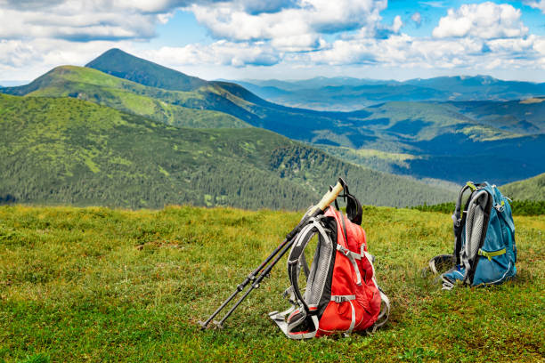 istock Hiking in the mountains with a backpack and walking poles. 2166892402