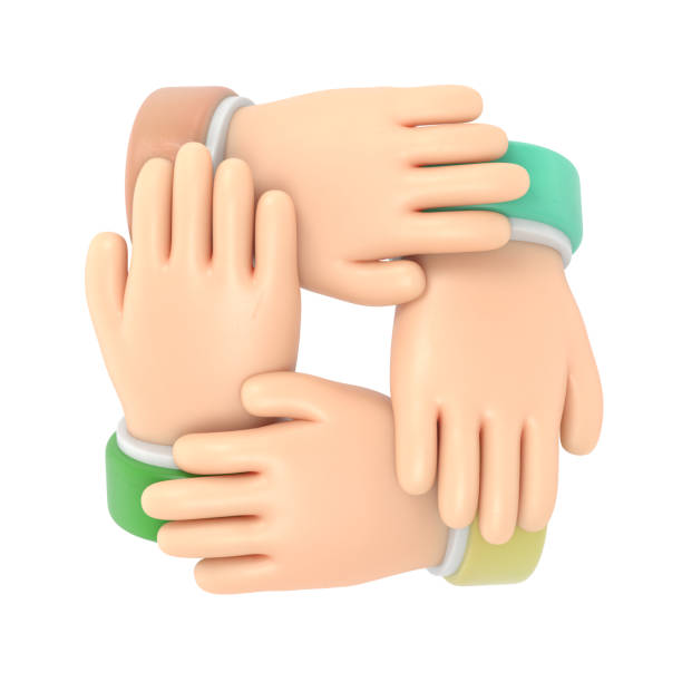istock Cartoon Gesture Icon Mockup.Four diverse men holding each others wrists. Top view. 3D rendering on white background. 2166897409