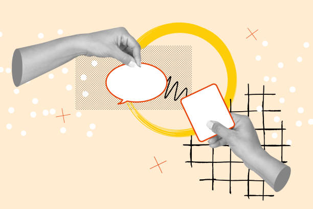 istock Woman hands holding blank speech bubbles connected by a line on a beige background with a yellow circle 2166898550