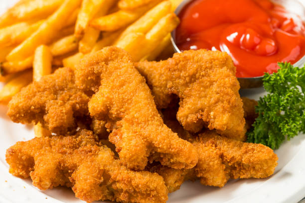 Healthy Kids Dinosaur Chicken Nuggets with Fries and Ketchup
