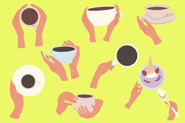 istock Flat set illustrations of hands holding cups. Vector icons isolated on green background. 2166900441