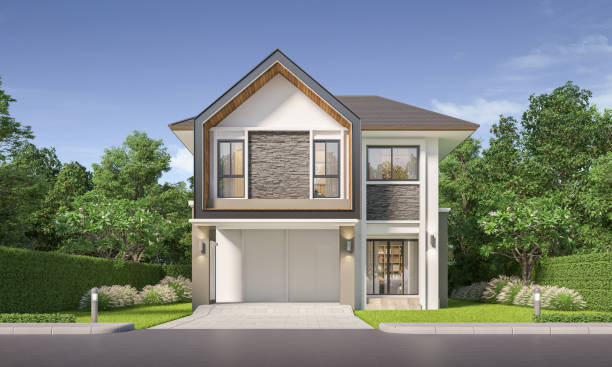 istock Modern house exterior day light with lawn grass.3d rendering 2166901297