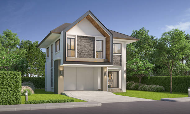 istock Modern house exterior day light with lawn grass.3d rendering 2166901301