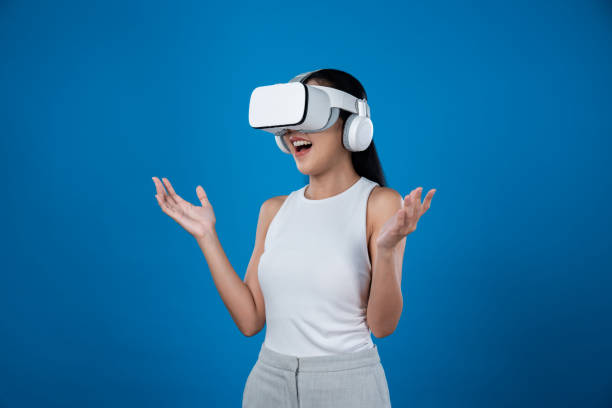 istock Elegant female stand excited seeing virtual scenery in metaverse. Hallucination. 2166917682