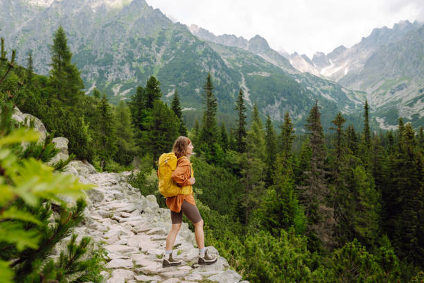 istock Smiling female with backpack on hike in nature. 2166921243