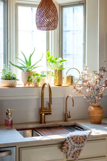 istock Stylish kitchen sink with goldtone faucets 2166923697