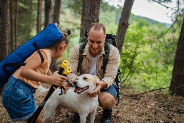 istock Father and daughter playing with a dog in a forest 2166925529