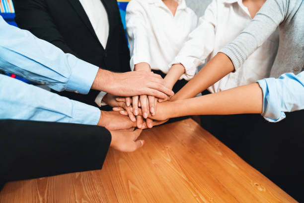 istock Multiracial business people make synergy hand stack together. Habiliment 2166930156
