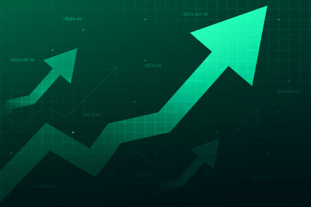 istock Green growth graph with arrows showing upward trend, profit in business concept backdrop. Elegant finance growth concept background - Copy 2166935002