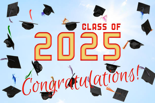 istock CONGRATULATIONS CLASS of 2025 lettering with mortarboards in the sky 2166936741