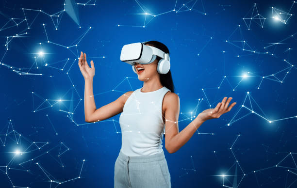 istock Female wear white VR headset and white suit connect metaverse. Hallucination. 2166937949