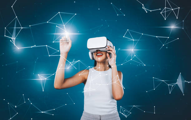 istock Female wearing white VR headset and sleeveless connect metaverse. Hallucination. 2166939165