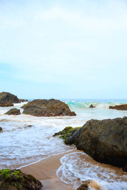 Waves breaking in the rocks in a beautiful mexican coastline. Beauty in nature. Blue sky and blue water in a summer day. Copy space. Vertical photography. Wallpaper. Background.